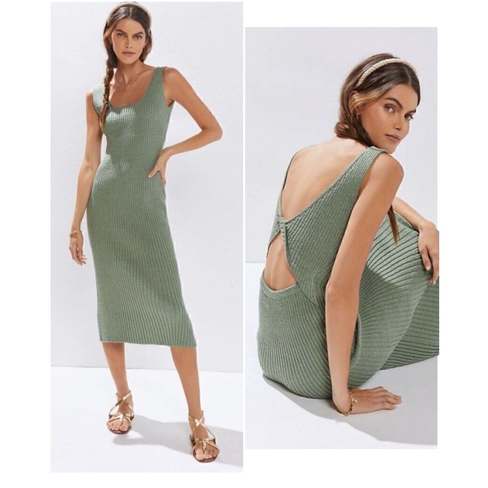 Amadi Anthropologie Ribbed Knit Twist-Back Midi Dress Womens L Sage Green